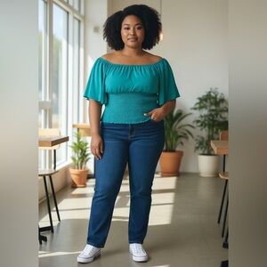 The Oblong Box Shop Teal Off The Shoulder Top